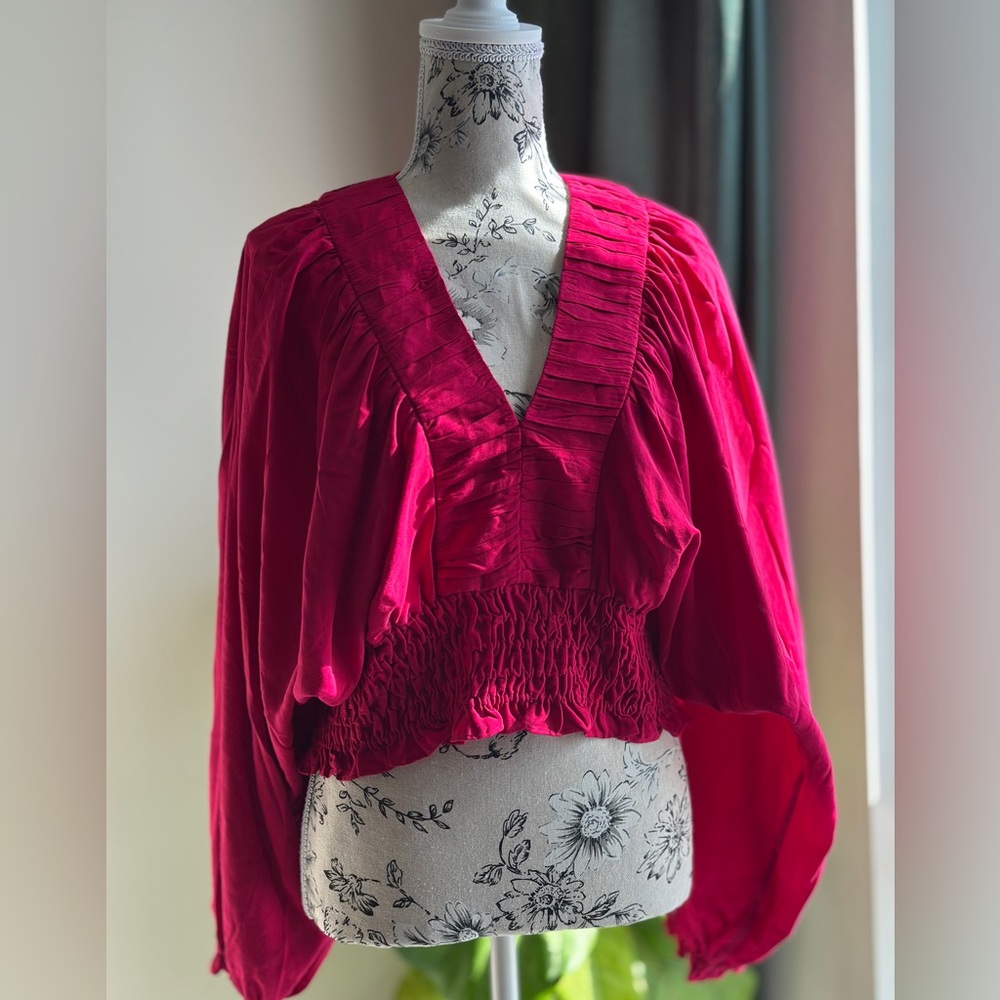 NWT & Other Stories Fuchsia Cropped Blouse with Smocked Waist
